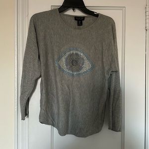 Rachel Roy grey light sweater material w/ bedazzled evil eye women’s size medium